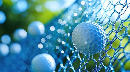 A close-up view of golf balls caught in a blue net, with a blurred green background. The image highlights the textured surface of the balls, reflecting a sunny outdoor setting.