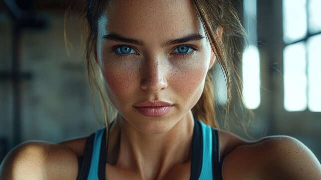 Portrait of beautiful a brunette woman smiling with determination sitting in a sports club