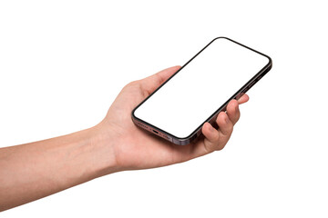 Hand showing smartphone with blank screen isolated on white background.