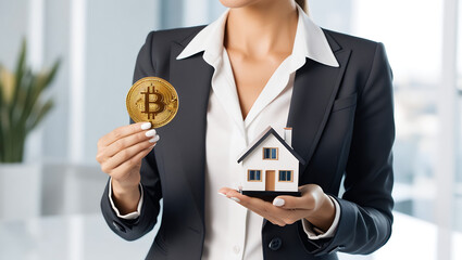 businesswoman holding bitcoin