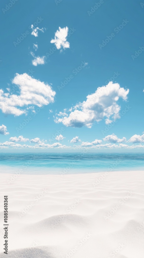Poster a beautiful beach scene with a clear blue sky and a few clouds