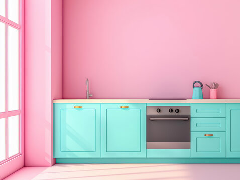 minimalist pastel kitchen featuring pink wall and turquoise cabinets, illuminated by sunlight streaming through large windows, creating cheerful atmosphere