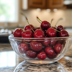 A clear glass bowl filled with fresh cherries on a kitchen counter