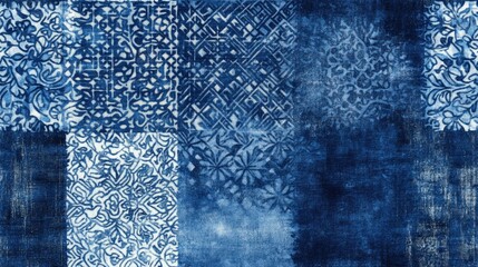 Indigo denim textile print combined with Bali motifs and winter blue batik watercolor patterns abstract fabric design for fashion and home decor
