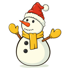 Snowman with yellow scarf and gloves. Cartoon illustration