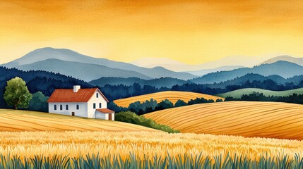 A serene landscape featuring a white house amidst golden fields and rolling hills under a warm, orange sunset.