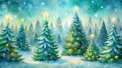 Obraz premium A Whimsical Watercolor Depiction of a Snowy Evergreen Forest With Glowing Stars on Top of the Trees