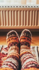 Family in warm knitted woolen socks near a home heater in cold winter time.   The symbolic image of the heating season at home.   Part of body selective focus.