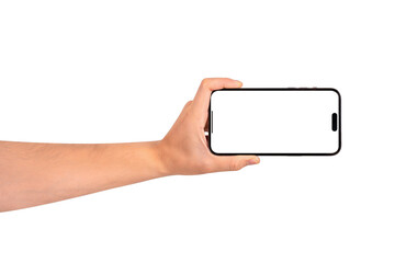 Hand showing smartphone with blank screen isolated on white background.