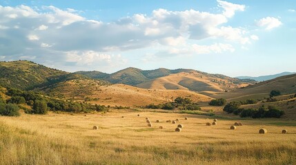 Fototapeta premium Scenic Hills with Scattered Hay Bales During Harvest