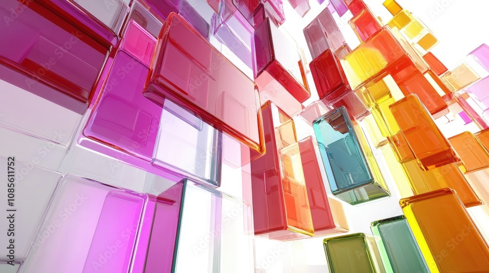 Poster colorful abstract geometry composed of transparent blocks in an artful arrangement creating a vibran