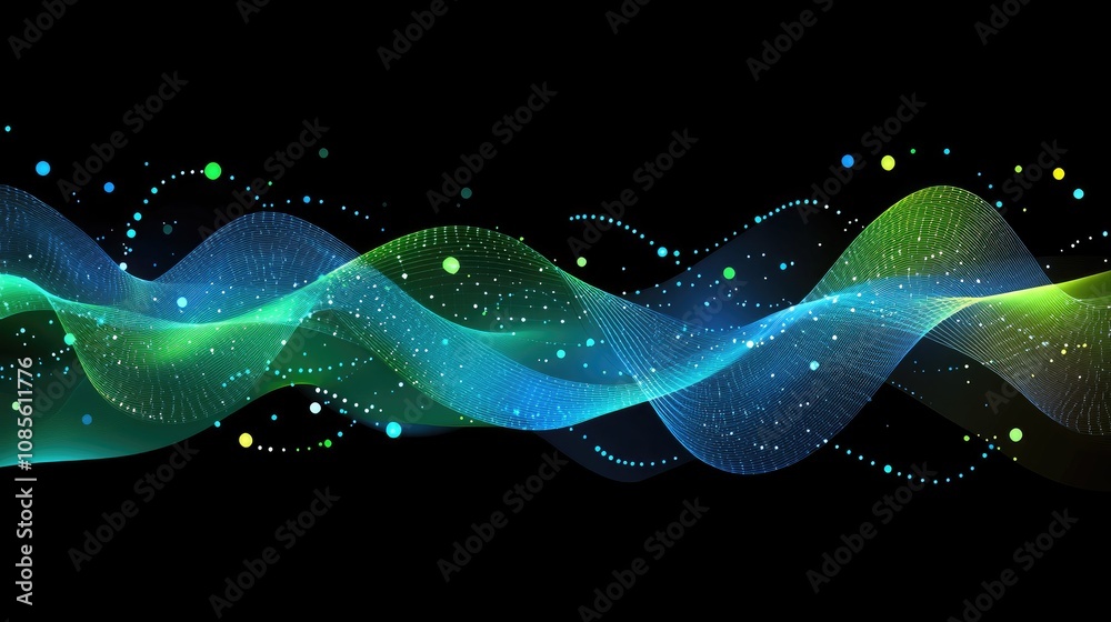 Poster abstract colorful wave pattern with light particles and curves on dark background for design and dig