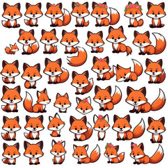 Obraz premium Cute cartoon fox stickers with various poses and expressions on a white background, emphasizing whimsy and fun