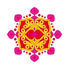 Asian colorful floral mandala. Vector ethnic circular ornament. Stylish design in vivid red and yellow shades