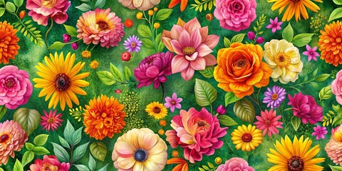 A Vibrant Floral Tapestry of Blossoms in Shades of Orange, Pink, and Yellow Against a Lush Green Backdrop