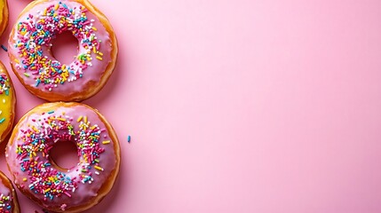 Vibrant Sprinkled Donuts on a Playful Colored Background with Copyspace
