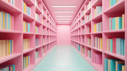 Fototapeta premium pastel library scene featuring colorful bookshelves filled with books, illuminated by soft light, creating serene and inviting atmosphere