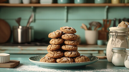 A pile of freshly baked cookies stacked on a plate, surrounded by baking ingredients and tools on the countertop 