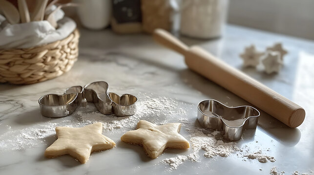 A festive kitchen scene with cookie dough, rolling pins, and cookie cutters shaped like stars and hearts 