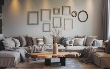 Frame mockup, Living room wall poster mockup. Interior mockup with house background. Modern interior design.