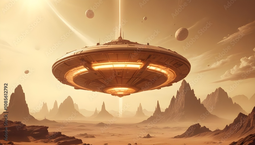 Canvas Prints a mysterious futuristic spacecraft hovers above a distant alien planet its glowing energy core puls
