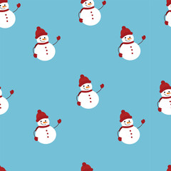 Waving Snowmen Seamless Pattern on Blue
