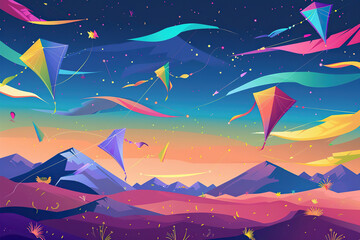 Beautiful greeting card with colorful kites soaring high above vibrant sky to holiday composition