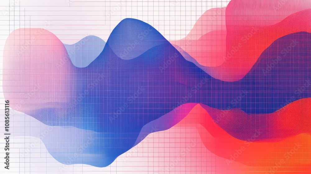Poster abstract colorful waves flowing in gradient patterns over graph paper, evoking creativity and modern