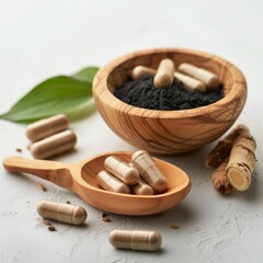 In a deep bowl there are beige capsules with Shilajit grated into powder. Near the bowl there is an ashwagandha root with green leaves. The capsules are in a wooden spoon on a white background.