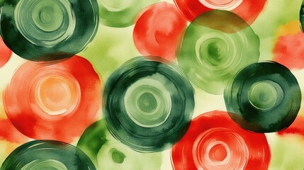 Seamless watercolor pattern featuring vibrant green and red circles ideal for textile or graphic design