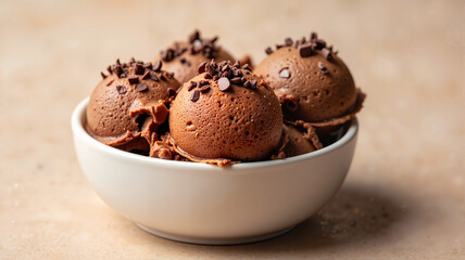 Decadent chocolate ice cream scoops with cocoa nibs - perfect for dessert blogs, recipe websites, ice cream parlor menus, or summer treat social media posts