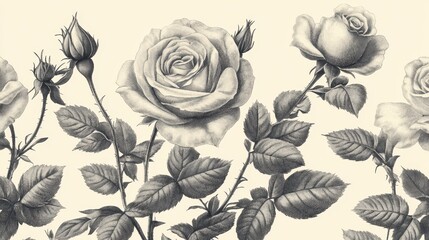 Vintage drawing roses flower sketch pattern plant.