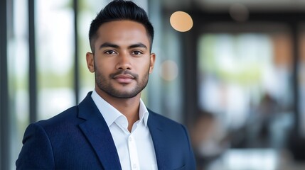 Fototapeta premium Portrait of Smiling Confident Young Businessman in Suit Looking at Camera Generative AI