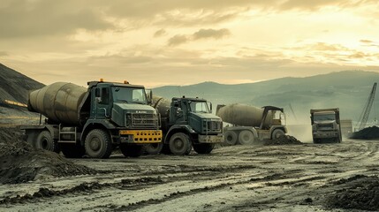 Cement Mixers and Dump Trucks on Construction Site