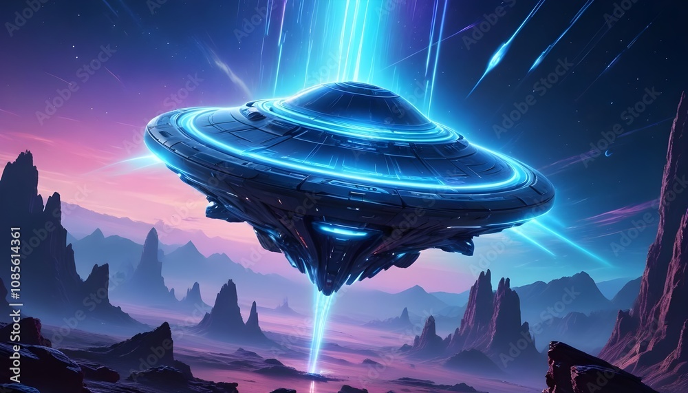 Canvas Prints a mysterious futuristic spacecraft hovers above a distant alien planet its glowing energy core puls
