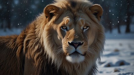 Fototapeta premium A majestic lion with a thick mane stares intently at the camera in a snowy landscape.