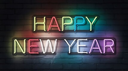Obraz premium Vibrant 'Happy New Year' Neon Sign in Multicolored Text with Soft Glow on Dark Brick Wall