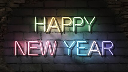 Obraz premium Vibrant 'Happy New Year' Neon Sign in Multicolored Text with Soft Glow on Dark Brick Wall