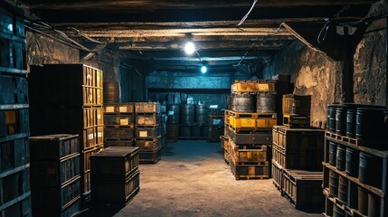 Dimly Lit Underground Warehouse with Crates and Barrels