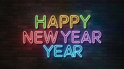 Obraz premium Vibrant 'Happy New Year' Neon Sign in Multicolored Text with Soft Glow on Dark Brick Wall