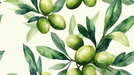 Watercolor illustration of olive branches with ripe green olives on a seamless pattern ideal for backgrounds and design projects