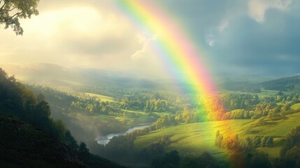Scenic Rainbow Over Lush Green Valley with Blue Sky and Soft Clouds, Illuminating Serene Landscape in Nature's Embrace During Daylight