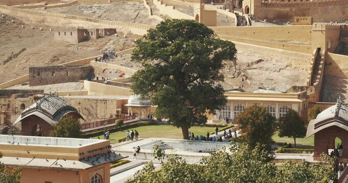 Jaipur, Rajasthan, India. Time Lapse Tourists Walk At Dil Aaram Bagh, Or Mughal Gardens 18th Century Near Amer Fort Or Amber Fort, Amer. Timelapse, Time-lapse Visit Amber Fort. Travel To India