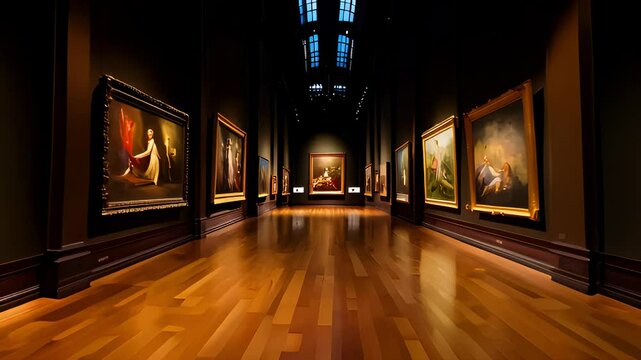 A grand art gallery featuring illuminated paintings on dark walls with a wooden floor and dramatic skylight overhead.