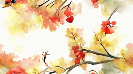 Seamless pattern featuring a wild bird perched on a branch hand painted in vibrant red and yellow watercolor ideal for textile design and decor