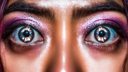 Fototapeta premium Close-up of Woman's Eyes with Sparkling Purple Eye Makeup