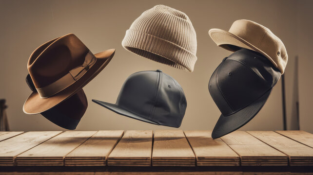 A stylish showcase of diverse hats, including a brown fedora, beige beanie, gray cap, and black snapback, beautifully suspended in mid-air above a wooden surface. - Powered by Adobe