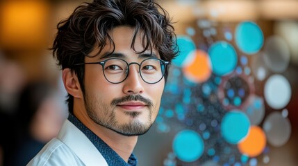 A young man with curly hair and stylish glasses showcases a confident smile as he stands in a vibrant, modern setting with colorful lights reflecting around him during sunset
