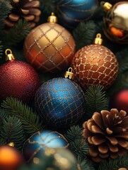 Christmas background, green spruce and fairy ball decorations