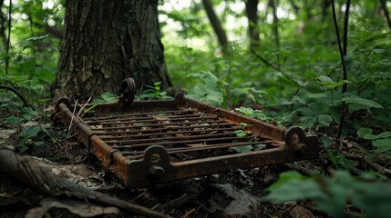 Obraz premium Old Rusted Bear Trap in Dense Green Forest